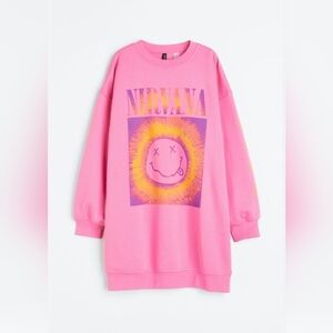 Oversized Nirvana Pink smiley sweatshirt sweater dress XXL NWOT